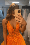 A-Line V-Neck Orange Tulle Lace Appliques Evening Dresses Prom Dresses PSK350 - Pgmdress