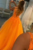 A-Line V-Neck Orange Tulle Lace Appliques Evening Dresses Prom Dresses PSK350 - Pgmdress