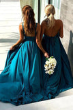 A-Line V-Neck Sweep Train Straw Spandex Prom Party Dress with Split PG658 - Pgmdress