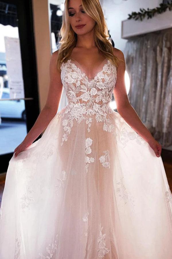 A-line V Neck Light Champagne Tulle Ivory Lace Wedding Dress WD595 - Pgmdress