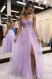 A-Line V Neck Lilac Tulle Long Slit Prom Dress Evening Dress  PSK405