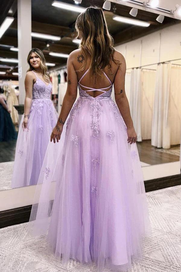 Lilac Tulle A-line V-neck Lace Up Long Prom Dress MP663