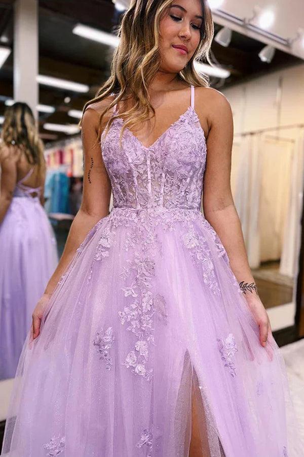 A-Line V Neck Lilac Tulle Long Slit Prom Dress Evening Dress PSK405 - Pgmdress