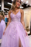 A-Line V Neck Lilac Tulle Long Slit Prom Dress Evening Dress PSK405 - Pgmdress