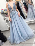 A-line V Neck Plunging Neck Powder Blue Sweep Prom Dress with Beading PM239 - Pgmdress