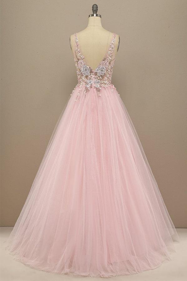 A-line V Neck Tulle Prom Dress Floral Lace Formal Dress PSK323 - Pgmdress