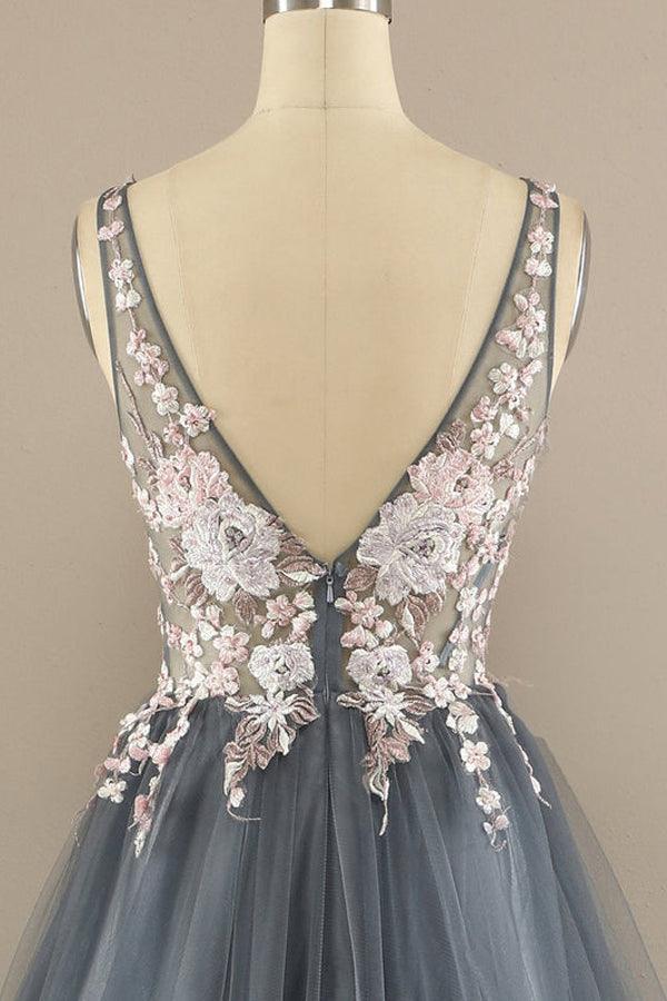 A-line V Neck Tulle Prom Dress Floral Lace Formal Dress PSK323 - Pgmdress