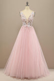 A-line V Neck Tulle Prom Dress Floral Lace Formal Dress PSK323 - Pgmdress