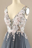 A-line V Neck Tulle Prom Dress Floral Lace Formal Dress PSK323 - Pgmdress