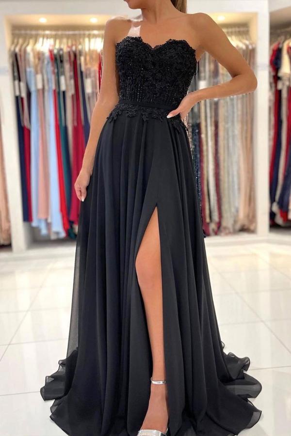 pgmdress A-Line Black Tulle Sweetheart Long Prom Dress Split Evening Dress US2 / Custom Color
