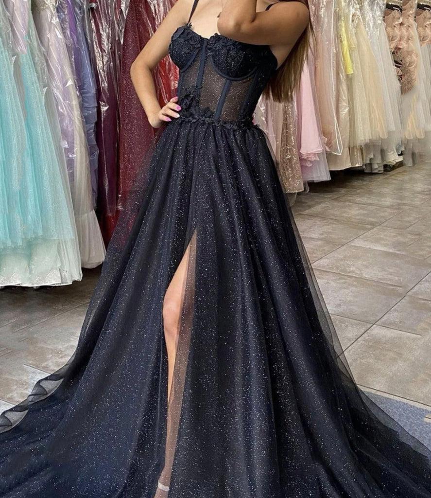 pgmdress A-Line Black Tulle Sweetheart Long Prom Dress Split Evening Dress US2 / Custom Color