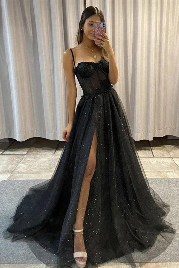 Lace-Back Simple Long Black Prom Dress - PromGirl