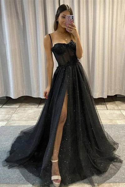 Asymmetrical Beaded Neckline Black Satin Split Prom Dress - Lunss