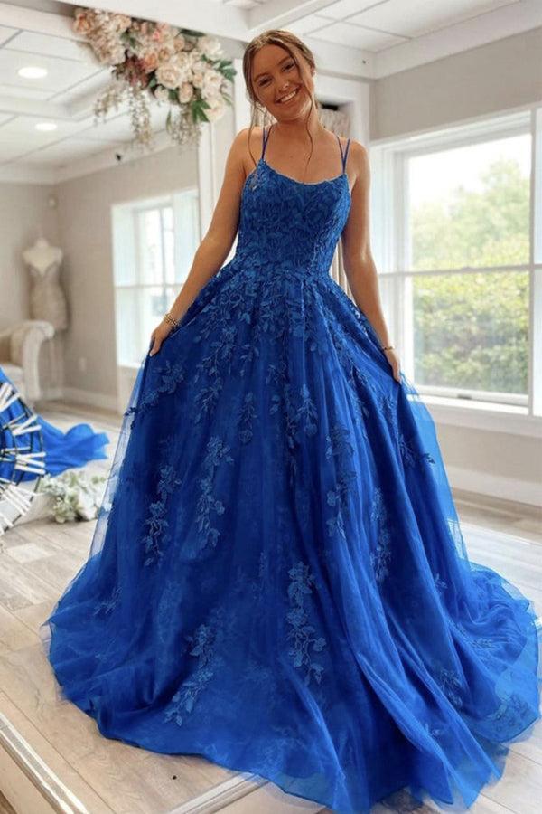 A-line Blue Round Neck Lace Prom Dress Lace Up Evening Dress PSK277 - Pgmdress