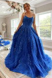 A-line Blue Round Neck Lace Prom Dress Lace Up Evening Dress  PSK277