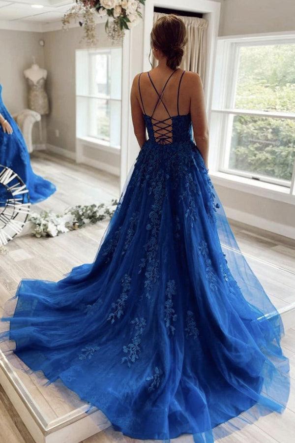 pgmdress Elegant Blue Tulle A Line V Neck Lace Long Prom Dresses Formal Dresses US0 / Custom Color