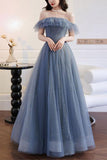A-line Gray Blue Off The Shoulder Long Prom Dress Tulle Evening Dress PSK268