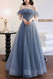 A-line Gray Blue Off The Shoulder Long Prom Dress Tulle Evening Dress PSK268 - Pgmdress