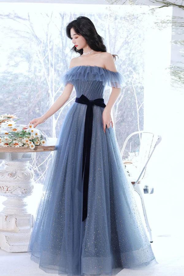 A-line Gray Blue Off The Shoulder Long Prom Dress Tulle Evening Dress PSK268 - Pgmdress