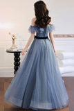 A-line Gray Blue Off The Shoulder Long Prom Dress Tulle Evening Dress PSK268 - Pgmdress