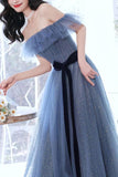 A-line Gray Blue Off The Shoulder Long Prom Dress Tulle Evening Dress PSK268 - Pgmdress