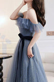 A-line Gray Blue Off The Shoulder Long Prom Dress Tulle Evening Dress PSK268 - Pgmdress