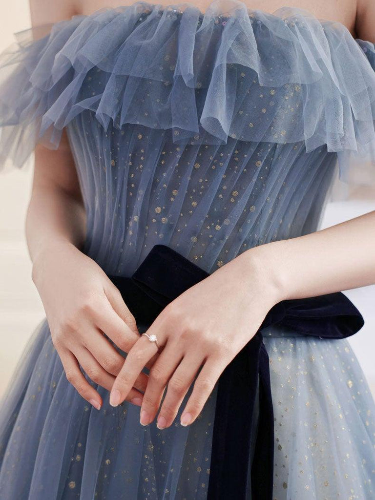A-line Gray Blue Off The Shoulder Long Prom Dress Tulle Evening Dress PSK268 - Pgmdress