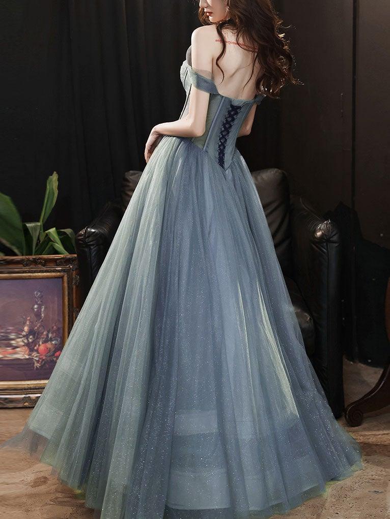 A-line Gray Tulle Long Prom Dress Off The Shoulder Evening Dress PSK287 - Pgmdress
