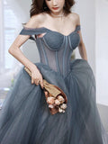 A-line Gray Tulle Long Prom Dress Off The Shoulder Evening Dress PSK287 - Pgmdress