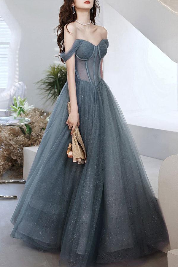 A-line Gray Tulle Long Prom Dress Off The Shoulder Evening Dress PSK287 - Pgmdress