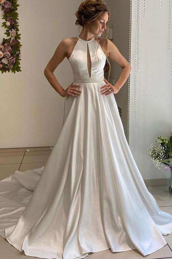 A-line Halter Neckline Backless Long Satin Wedding Dresses With Beading Belt WD562 - Pgmdress