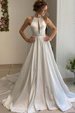 A-line Halter Neckline Backless Long Satin Wedding Dresses With Beading Belt WD562 - Pgmdress