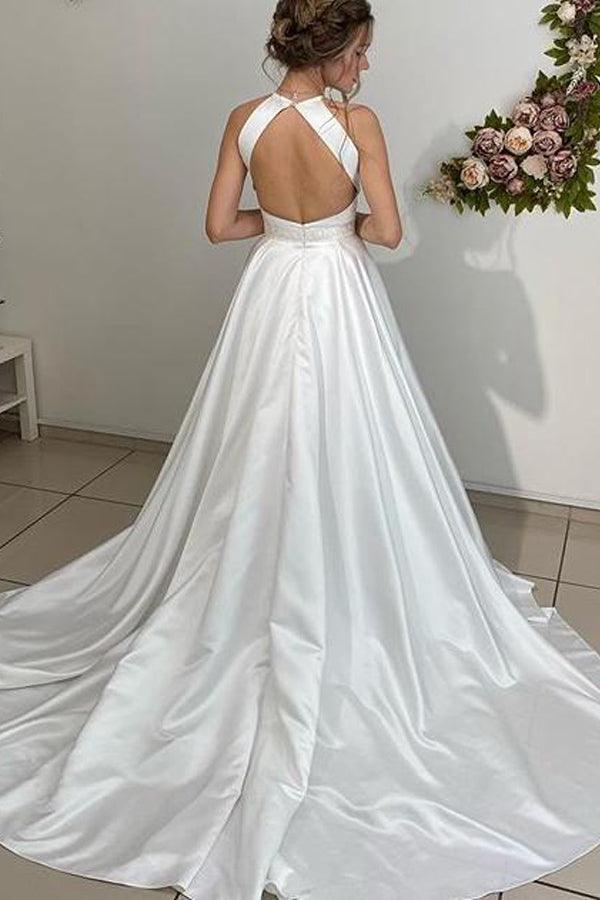 A-line Halter Neckline Backless Long Satin Wedding Dresses With Beading Belt WD562 - Pgmdress