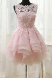 A-line Lace Bateau Neckline Pink Homecoming Dresses With Appliques PD429 - Pgmdress