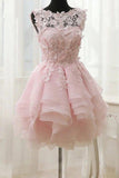 A-line Lace Bateau Neckline Pink Homecoming Dresses With Appliques PD429