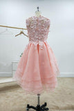 A-line Lace Bateau Neckline Pink Homecoming Dresses With Appliques PD429 - Pgmdress