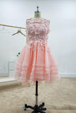 A-line Lace Bateau Neckline Pink Homecoming Dresses With Appliques PD429 - Pgmdress