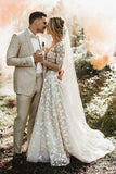 A-line Long Sleeves Wedding Dresses Lace V Neckline Bridal Gowns WD584 - Pgmdress