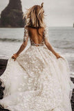 A-line Long Sleeves Wedding Dresses Lace V Neckline Bridal Gowns WD584 - Pgmdress
