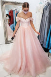 A-Linie, schulterfreies, schulterfreies Abendkleid aus rosa Tüll, formelles Kleid PSK258
