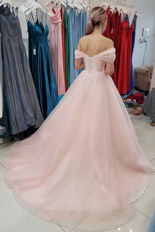 A-line Pink Tulle Off The Shoulder Long Prom Dress Formal Dress PSK258 - Pgmdress