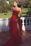 A-line Red Sweetheart Off The Shoulder Split Prom Formal Dresses PSK339 - Pgmdress