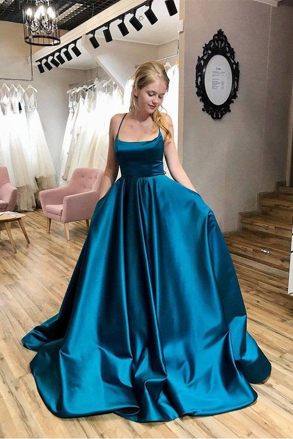 A-line Scoop Neck Simple Cross Straps Prom Dresses With Pockets PSK240 - Pgmdress