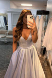 A-line Silver V Neck Satin Long Prom Dress Sparkly Evening Dress PSK254 - Pgmdress