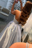 A-line Silver V Neck Satin Long Prom Dress Sparkly Evening Dress PSK254 - Pgmdress