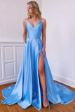 A-line Simple V Neck Satin Split Blue Prom Dress Formal Dress PSK271