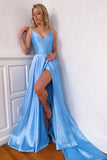 A-line Simple V Neck Satin Split Blue Prom Dress Formal Dress PSK271 - Pgmdress