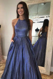 A-line Sparkly Halter Neck Long Prom Dresses Cute Formal Dress PSK371 - Pgmdress