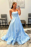 A-line Strapless Sky Blue Floral Long Prom Dresses Formal Dresses PSK302