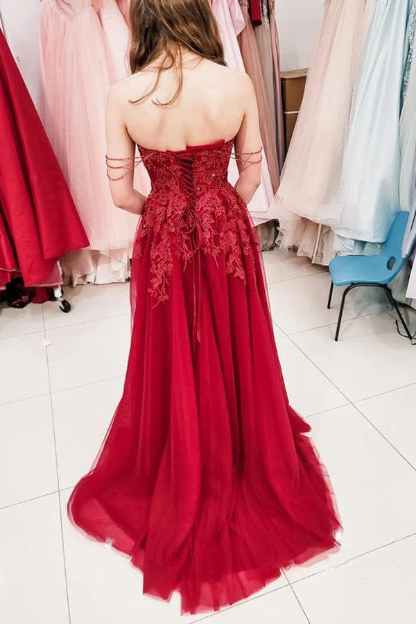 A-line Sweep Train Tulle Prom Dresses With Beaded Sequins PSK295 - Pgmdress